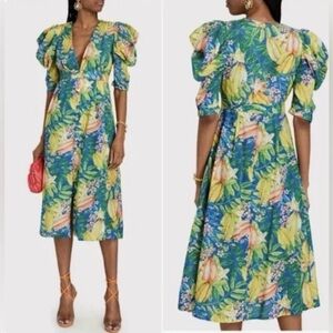 FARM Rio Tropical Floral Puff-Sleeve Midi Dress